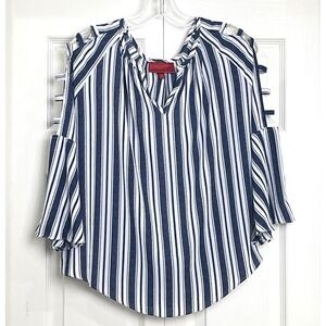 Jennifer Lopez Cold Shoulder Blouse M Blue White Stripe Ladder Sleeve Split Neck